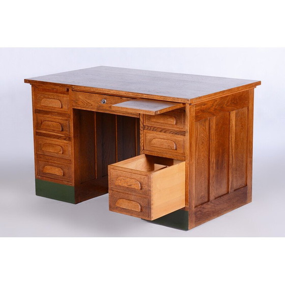 Image 1 of Vintage Art Deco massief eikenhouten bureau, jaren 1930