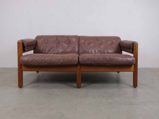 Image 1 of Vintage 2-zitsbank teak leer Midcentury