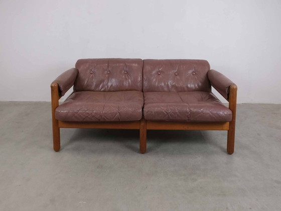 Image 1 of Vintage 2-zitsbank teak leer Midcentury