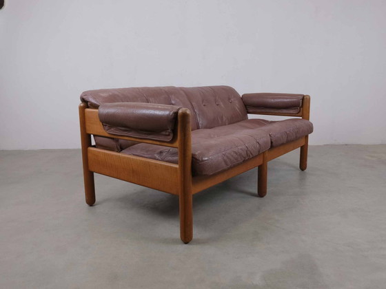 Image 1 of Vintage 2-zitsbank teak leer Midcentury