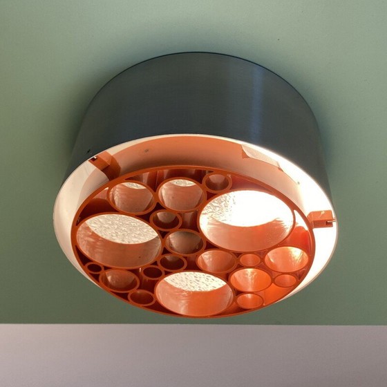 Image 1 of Paar vintage "Alliance" plafondlampen in geborsteld aluminium en glas voor Raak, Nederland 1968