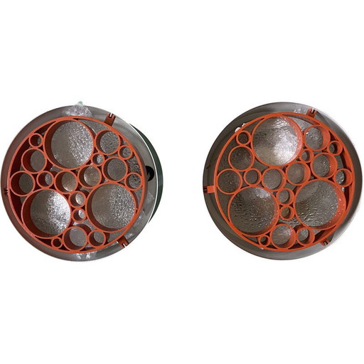 Paar vintage "Alliance" plafondlampen in geborsteld aluminium en glas voor Raak, Nederland 1968