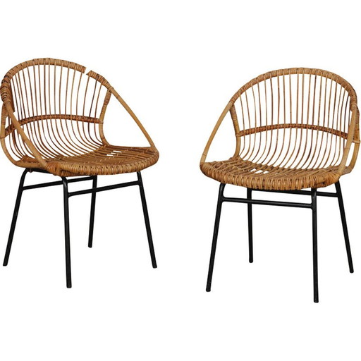 Paar vintage houten en rieten fauteuils van Jan Kalous voor Uluv, 1960