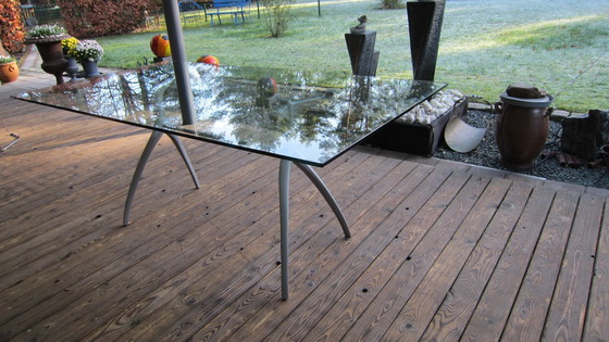 Image 1 of Glazen"Rolf Benz"Eetkamer Tafel+5 Leder"Arrben"Stoelen.