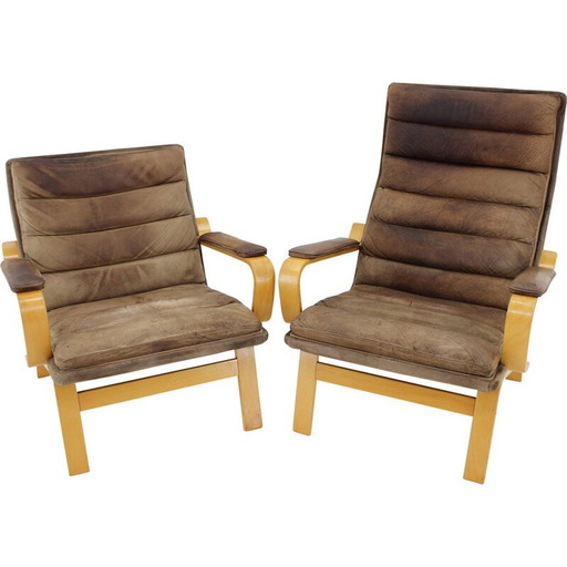 Paar vintage "Contino" leren fauteuils van Yngve Ekström, Zweden 1970