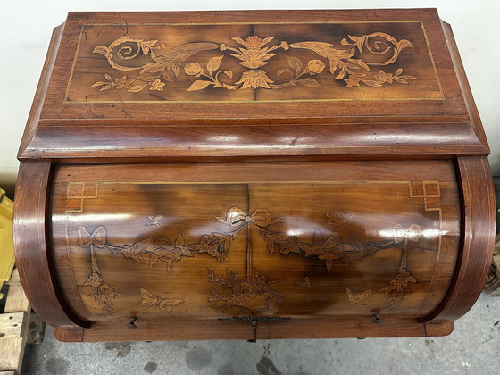 Image 1 of Art-Nouveau bureau Cilindrisch ingelegd met florale decoratie