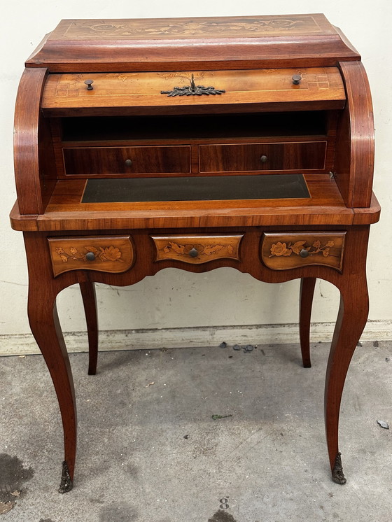 Image 1 of Art-Nouveau bureau Cilindrisch ingelegd met florale decoratie
