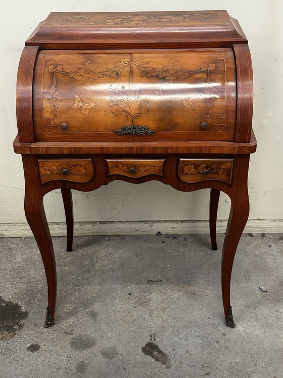 Image 1 of Art-Nouveau bureau Cilindrisch ingelegd met florale decoratie