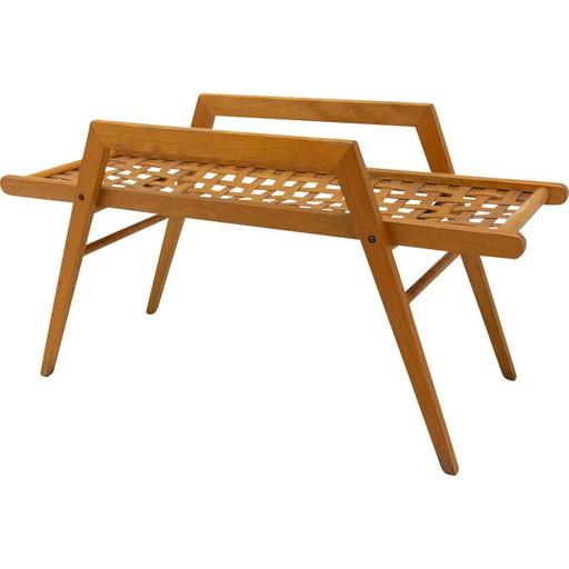 Vintage bijzettafel van beukenhout met gevlochten leren singels, Tsjecho-Slowakije 1970