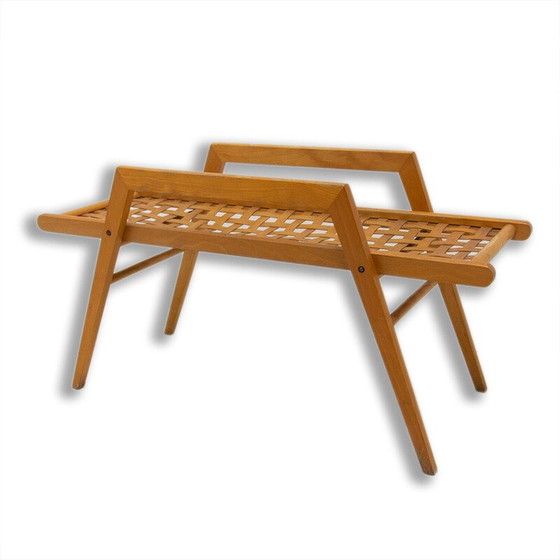 Image 1 of Vintage bijzettafel van beukenhout met gevlochten leren singels, Tsjecho-Slowakije 1970