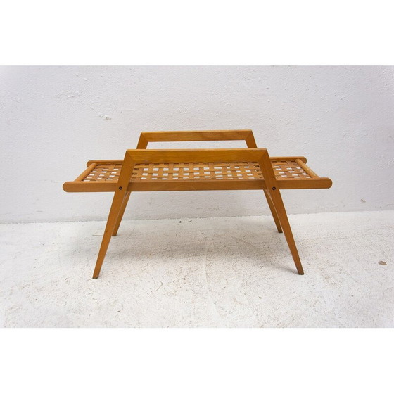 Image 1 of Vintage bijzettafel van beukenhout met gevlochten leren singels, Tsjecho-Slowakije 1970