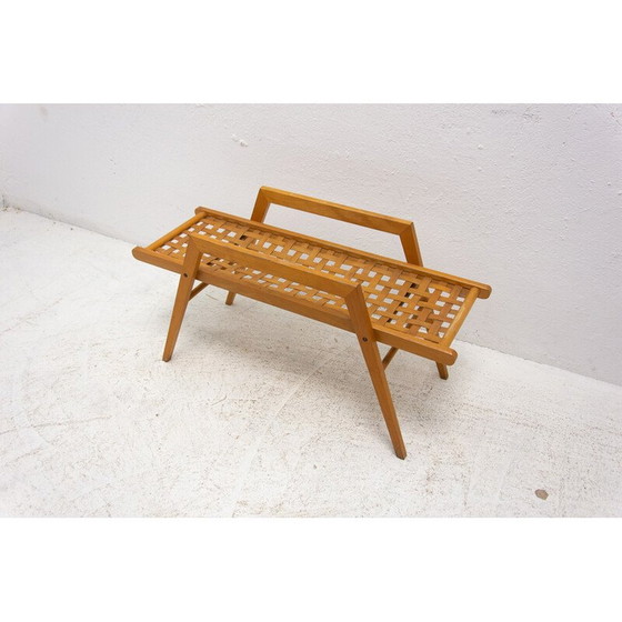 Image 1 of Vintage bijzettafel van beukenhout met gevlochten leren singels, Tsjecho-Slowakije 1970
