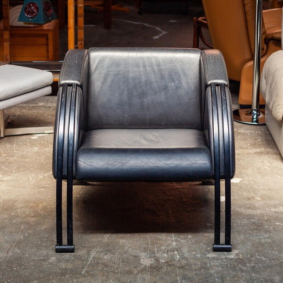 Image 1 of Vintage fauteuil in zwart metaal en zwart leer, 1980