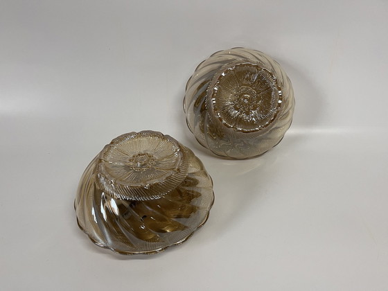 Image 1 of Set Mid Century Gebloemde Wandlamp/ Plafonnières Amber/ Goudkleur Bloem 