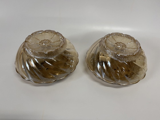 Image 1 of Set Mid Century Gebloemde Wandlamp/ Plafonnières Amber/ Goudkleur Bloem 