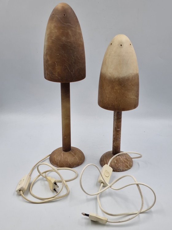 Image 1 of Koppel albast vintage mushroom lampen