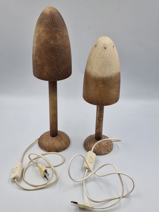 Image 1 of Koppel albast vintage mushroom lampen