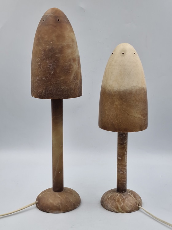 Image 1 of Koppel albast vintage mushroom lampen