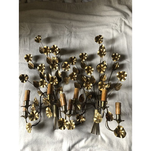 Paar vintage "Flower" wandlampen van verguld metaal met 4 lampjes, 1960