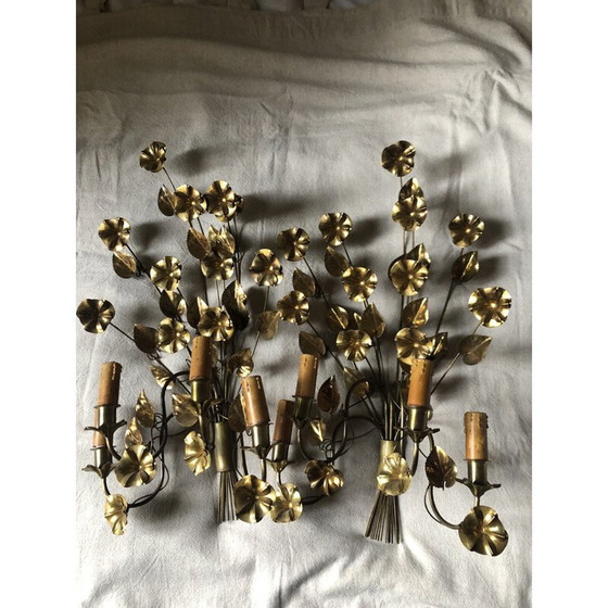 Image 1 of Paar vintage "Flower" wandlampen van verguld metaal met 4 lampjes, 1960