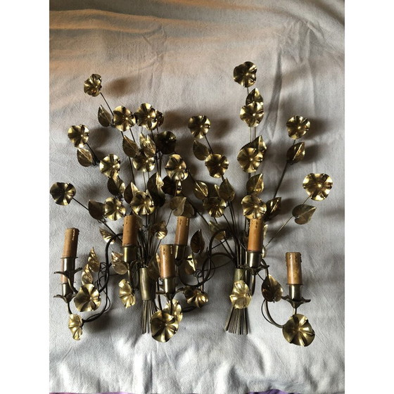 Image 1 of Paar vintage "Flower" wandlampen van verguld metaal met 4 lampjes, 1960