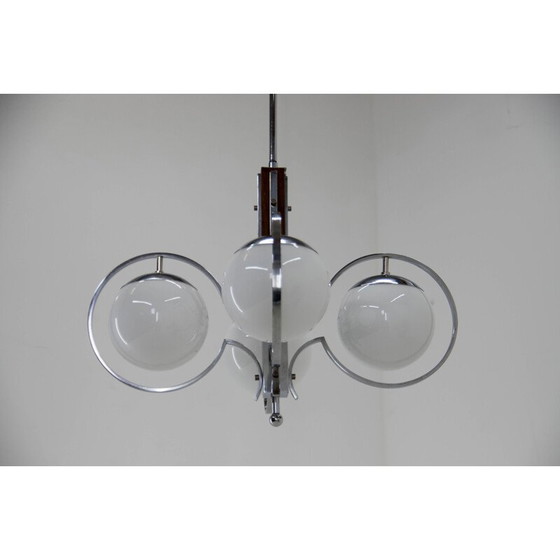 Image 1 of Vintage Art Deco kroonluchter in opaal glas en hout, 1930