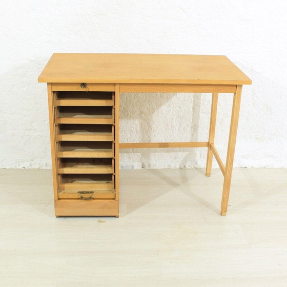 Image 1 of Vintage massief eiken en beuken shutter bureau, 1950