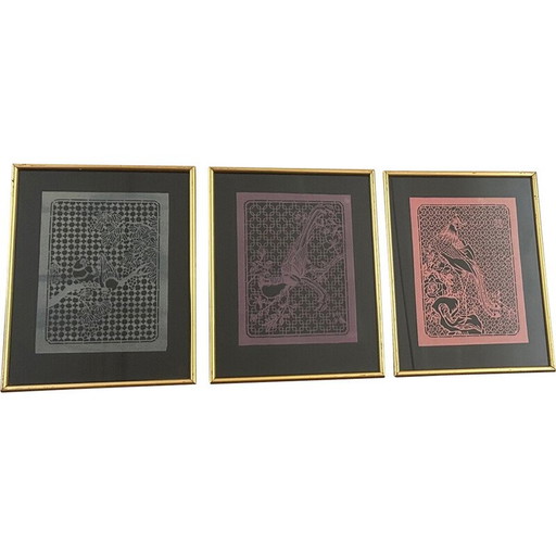 Set van 3 vintage "cut paper birds" schilderijen, 1970