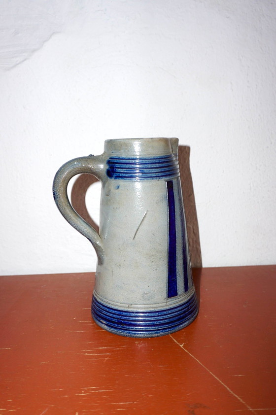 Image 1 of Vintage Duitse zoutgeglazuurde steengoed kruik * Rustiek blauw en grijs Stein Pitcher * handgemaakt volkskunst aardewerk