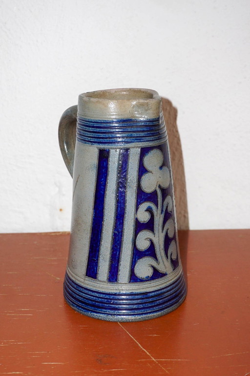 Vintage Duitse zoutgeglazuurde steengoed kruik * Rustiek blauw en grijs Stein Pitcher * handgemaakt volkskunst aardewerk