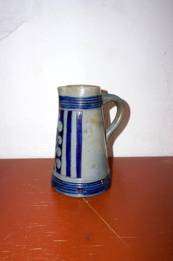 Image 1 of Vintage Duitse zoutgeglazuurde steengoed kruik * Rustiek blauw en grijs Stein Pitcher * handgemaakt volkskunst aardewerk