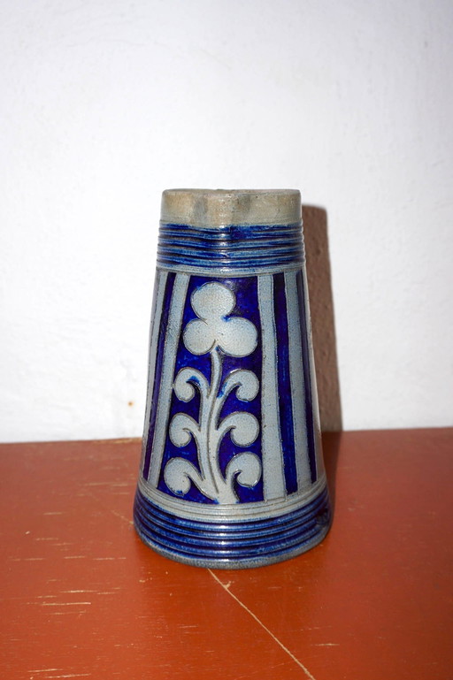 Vintage Duitse zoutgeglazuurde steengoed kruik * Rustiek blauw en grijs Stein Pitcher * handgemaakt volkskunst aardewerk