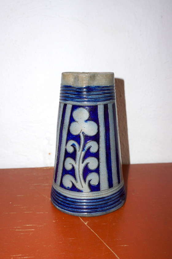 Image 1 of Vintage Duitse zoutgeglazuurde steengoed kruik * Rustiek blauw en grijs Stein Pitcher * handgemaakt volkskunst aardewerk