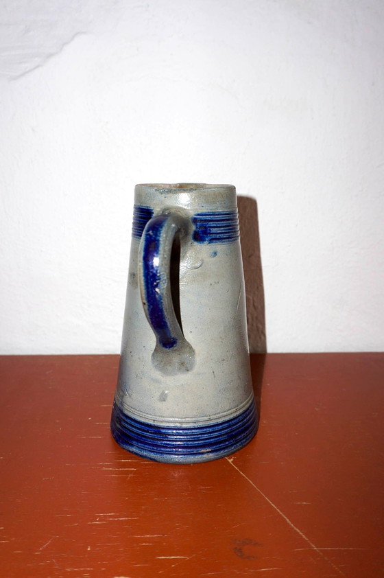 Image 1 of Vintage Duitse zoutgeglazuurde steengoed kruik * Rustiek blauw en grijs Stein Pitcher * handgemaakt volkskunst aardewerk