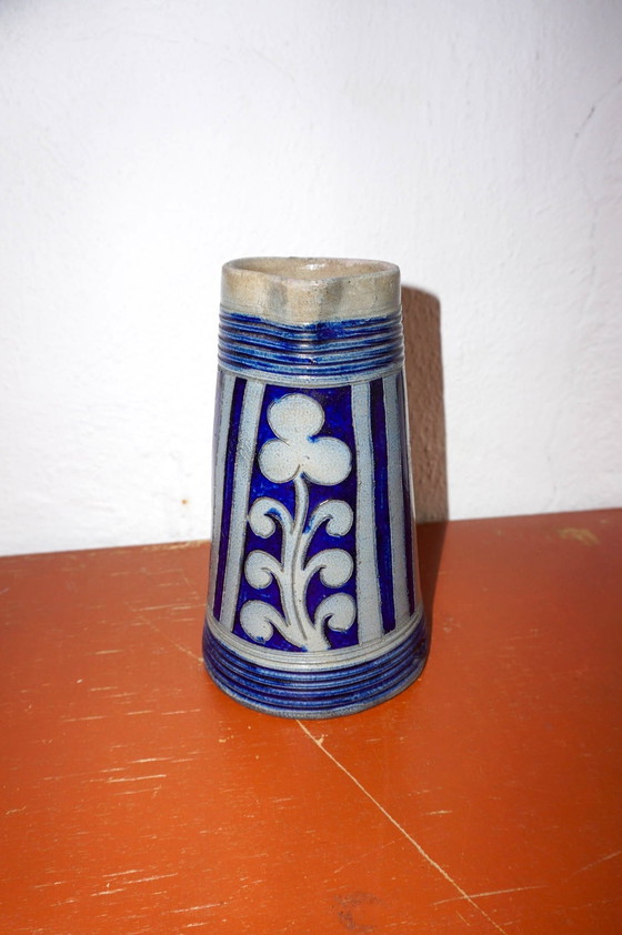 Image 1 of Vintage Duitse zoutgeglazuurde steengoed kruik * Rustiek blauw en grijs Stein Pitcher * handgemaakt volkskunst aardewerk