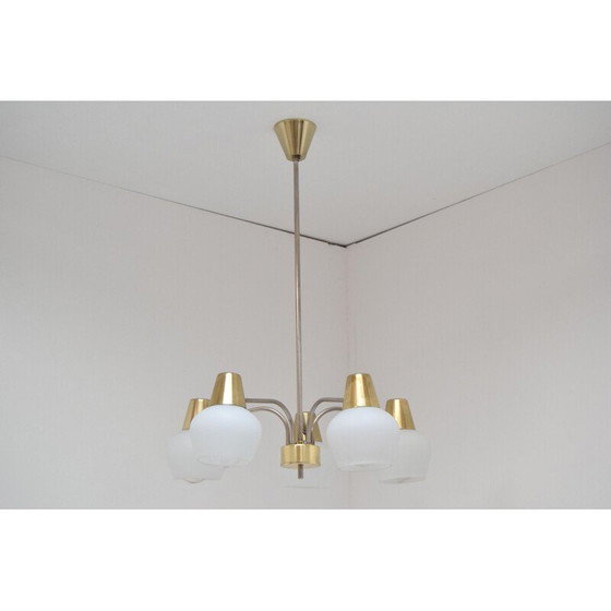 Image 1 of Vintage kroonluchter van glas en messing door Kamenicky Senov, Tsjecho-Slowakije 1970