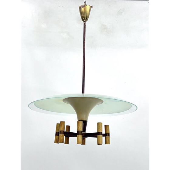 Image 1 of Vintage schotelvormige kroonluchter in messing en lak, Italië 1950