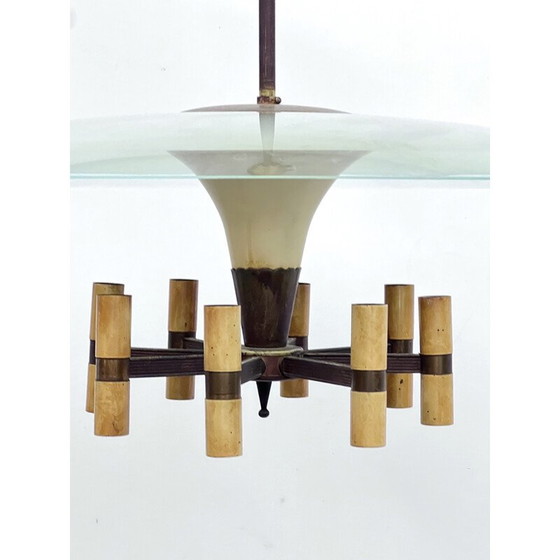 Image 1 of Vintage schotelvormige kroonluchter in messing en lak, Italië 1950