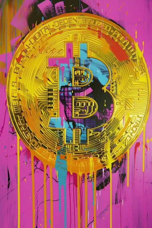 Schilderij - Dine Chanima - Reuze Pop Art Bitcoin in Neon Kleuren