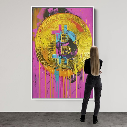 Schilderij - Dine Chanima - Reuze Pop Art Bitcoin in Neon Kleuren