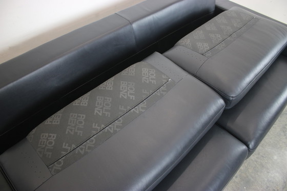 Image 1 of Rolf Benz Ego driezitsbank donkerblauw leren bank chroom sierlijsten