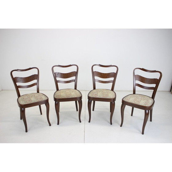 Image 1 of Set van 4 vintage eetkamerstoelen van hout en stof, Tsjecho-Slowakije 1940