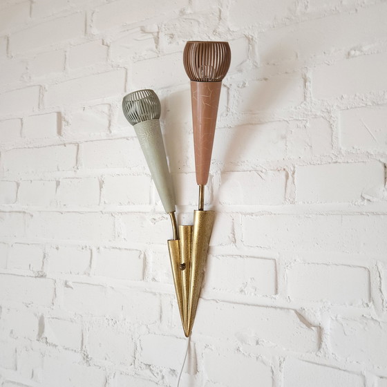 Image 1 of Vintage Messing Pastelkleurig Fifties Mcm Wandlampje