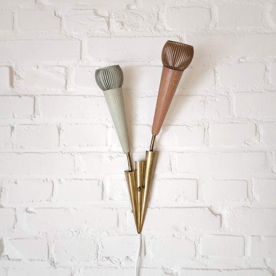 Image 1 of Vintage Messing Pastelkleurig Fifties Mcm Wandlampje