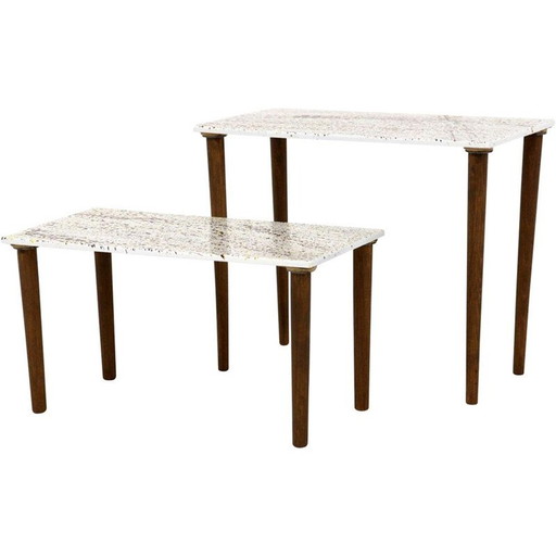 Paar vintage geëmailleerde bijzettafeltjes, Zweden 1970