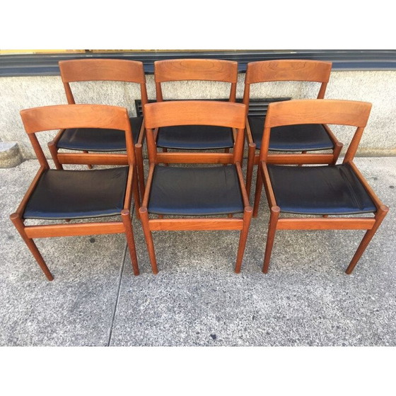 Image 1 of Set van 6 vintage leren en teakhouten stoelen Grete Jalk 1960