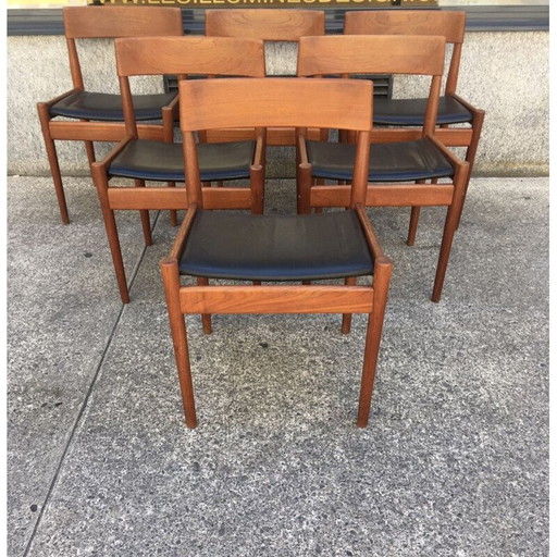 Set van 6 vintage leren en teakhouten stoelen Grete Jalk 1960