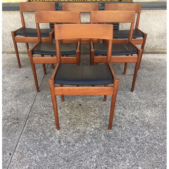 Image 1 of Set van 6 vintage leren en teakhouten stoelen Grete Jalk 1960