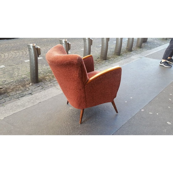 Image 1 of Vintage duitse fauteuil in rood fluweel en hout 1950