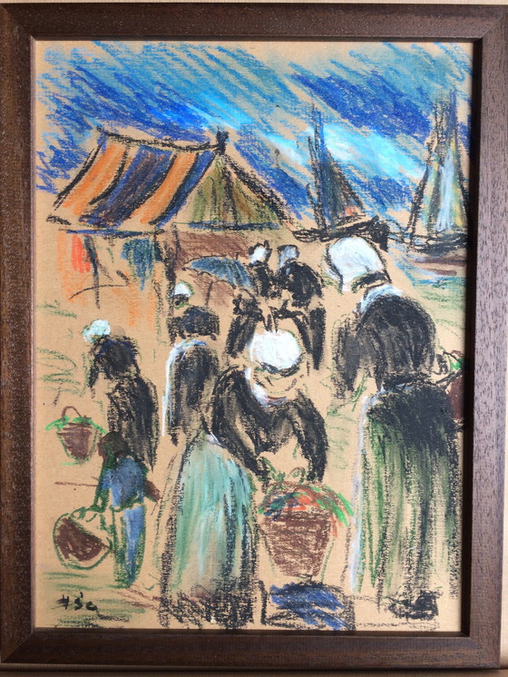 Image 1 of Schilderij van Henry Saint-Clair (1899-1990) "Marché Normand" (Normandische markt)